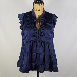 Shop Neighbor Navy Blue Satin Ruffle Tiered Blouse Size L Boho Flutter Sleeve
